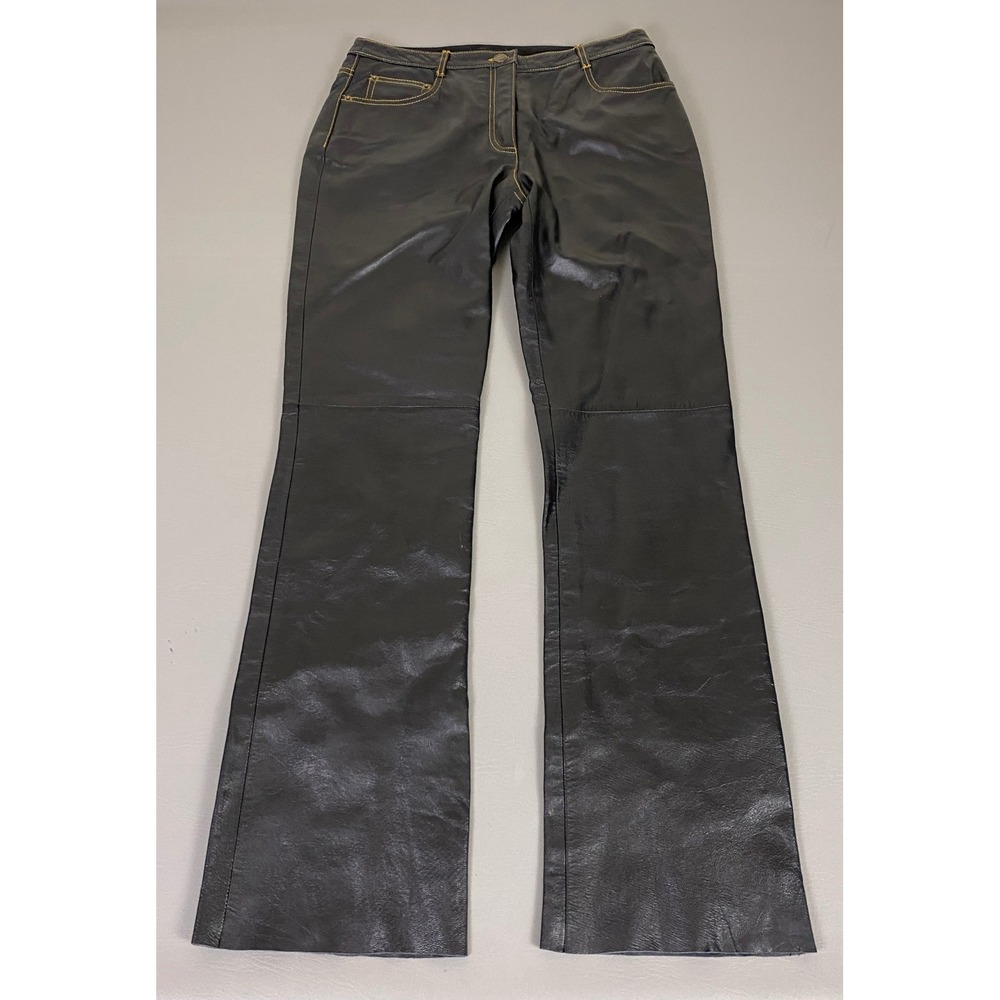BCBG Max Azria Leather Flared Pants LEA 2828 Womens Size 6 Black Contrast Stitch